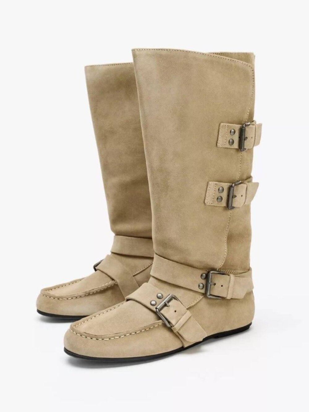 Zara Women Suede Boots Tall Tan Buckle Straps EU 39 US 8 1004/610 NWT